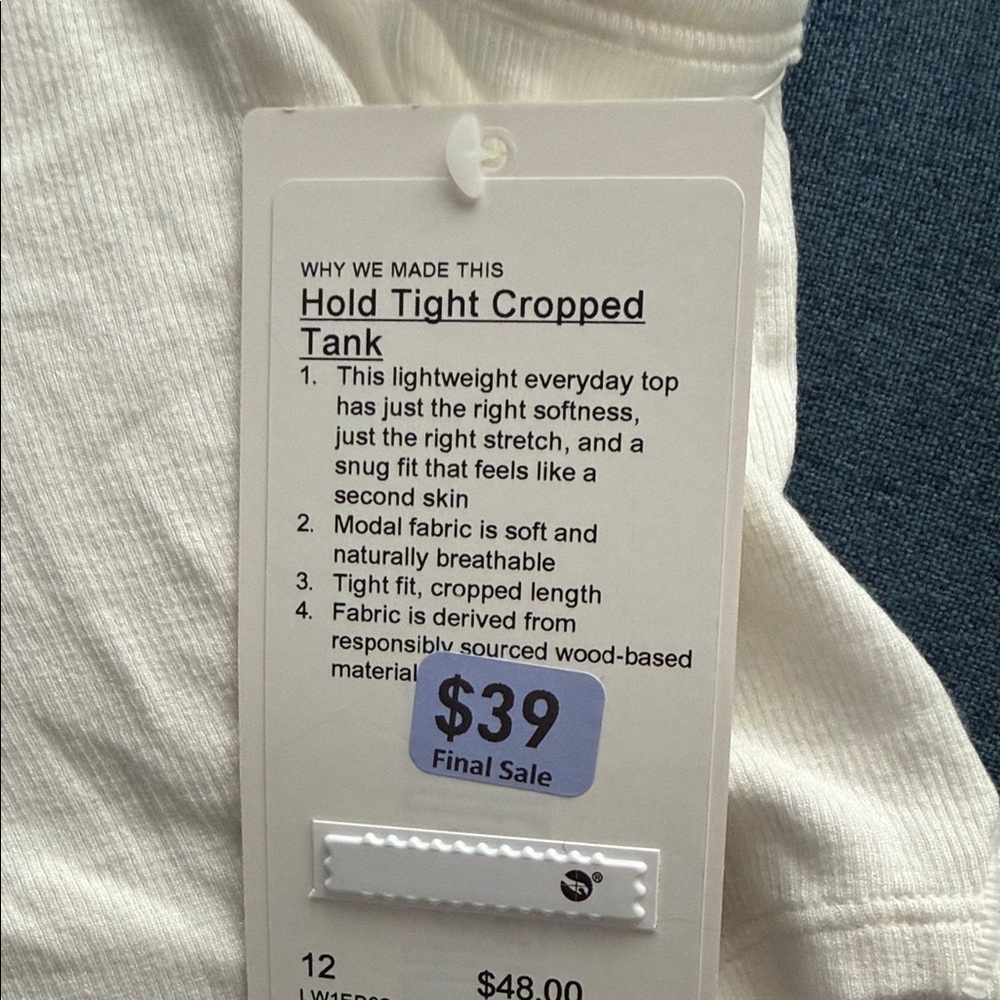 Lululemon NWT Hold Tight Cropped Tank - White
